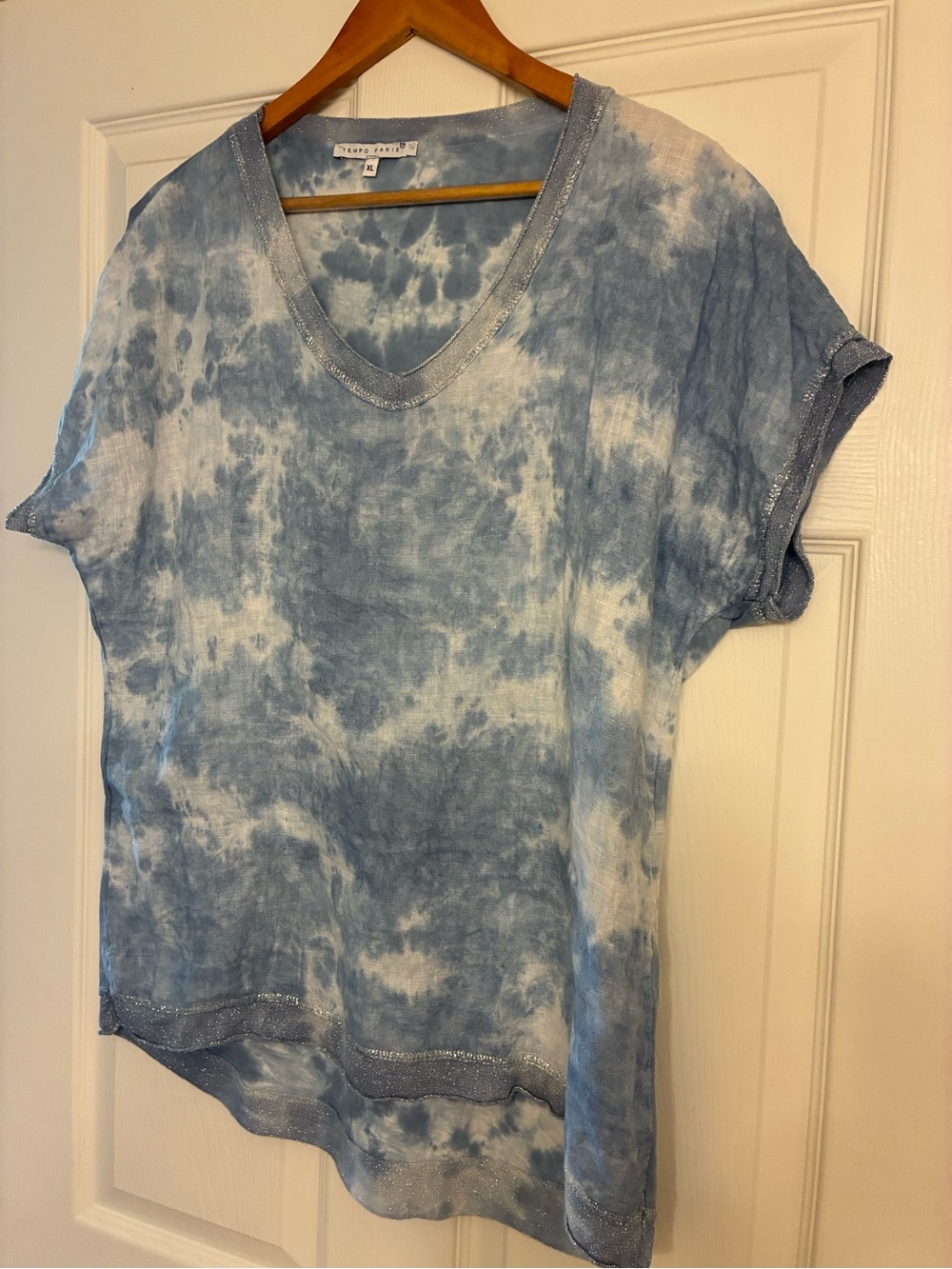 Tempo Paris Blue Linen Tie-Dye V-Neck Short Sleeve Top